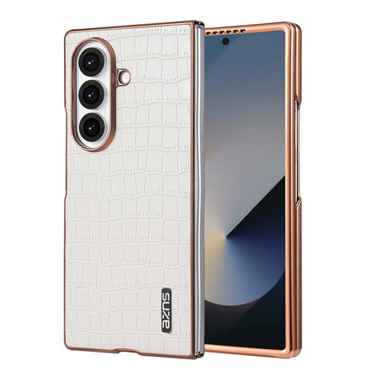 For Samsung Galaxy Z Fold7 5G AZNS Electroplated Frame Crocodile Texture Full Coverage Phone Case(White)