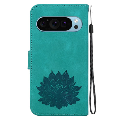 For Google Pixel 9 Pro Lotus Embossed Leather Phone Case(Green) - Google Cases by buy2fix | Online Shopping UK | buy2fix