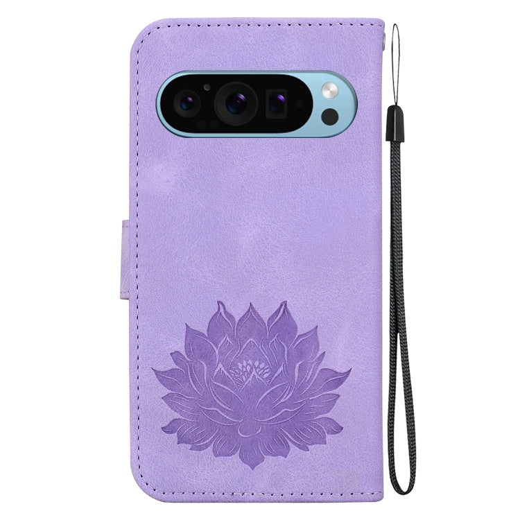 For Google Pixel 9 Pro Lotus Embossed Leather Phone Case(Purple) - Google Cases by buy2fix | Online Shopping UK | buy2fix