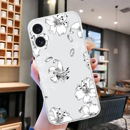 For iPhone 16 Colored Drawing Pattern Transparent TPU Phone Case(White Flower) by buy2fix