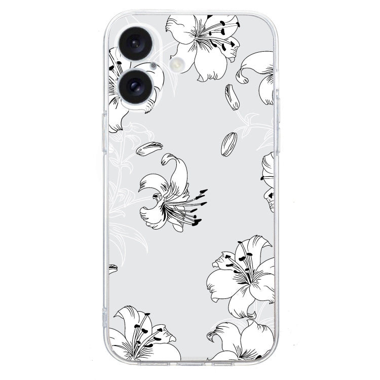 For iPhone 16 Colored Drawing Pattern Transparent TPU Phone Case(White Flower) by buy2fix