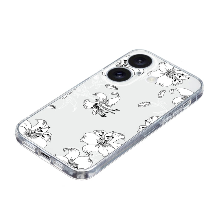 For iPhone 16 Colored Drawing Pattern Transparent TPU Phone Case(White Flower) by buy2fix