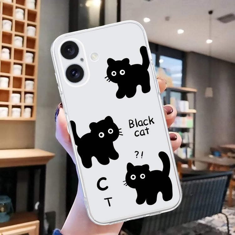 For iPhone 16 Colored Drawing Pattern Transparent TPU Phone Case(Black Cat) - iPhone 16 Cases by buy2fix | Online Shopping UK | buy2fix