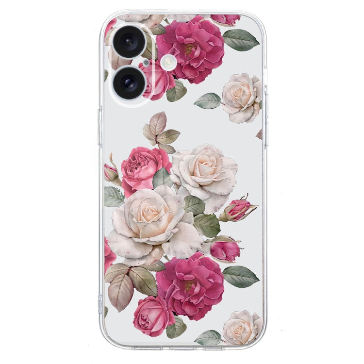 For iPhone 16 Plus Colored Drawing Pattern Transparent TPU Phone Case(Peony) - iPhone 16 Plus Cases by buy2fix | Online Shopping UK | buy2fix