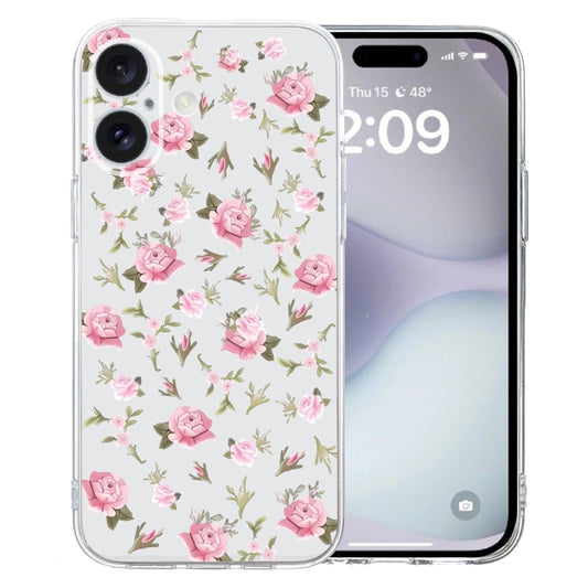 For iPhone 16 Plus Colored Drawing Pattern Transparent TPU Phone Case(Pink Floral) by buy2fix