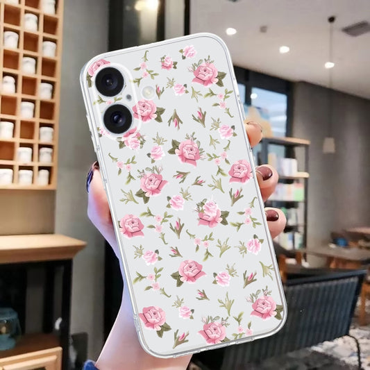For iPhone 16 Plus Colored Drawing Pattern Transparent TPU Phone Case(Pink Floral) by buy2fix