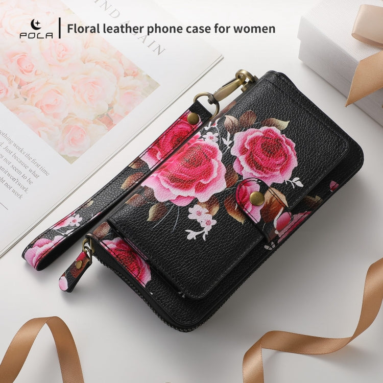 For iPhone 15 Pro Max POLA MagSafe Flower Multi-functional Zipper Wallet Leather Phone Case(Black) - iPhone 15 Pro Max Cases by buy2fix | Online Shopping UK | buy2fix