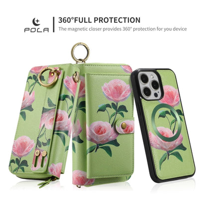 For iPhone 15 Pro Max POLA MagSafe Flower Multi-functional Zipper Wallet Leather Phone Case(Green) - iPhone 15 Pro Max Cases by buy2fix | Online Shopping UK | buy2fix