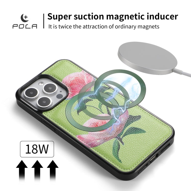 For iPhone 15 Pro Max POLA MagSafe Flower Multi-functional Zipper Wallet Leather Phone Case(Green) - iPhone 15 Pro Max Cases by buy2fix | Online Shopping UK | buy2fix