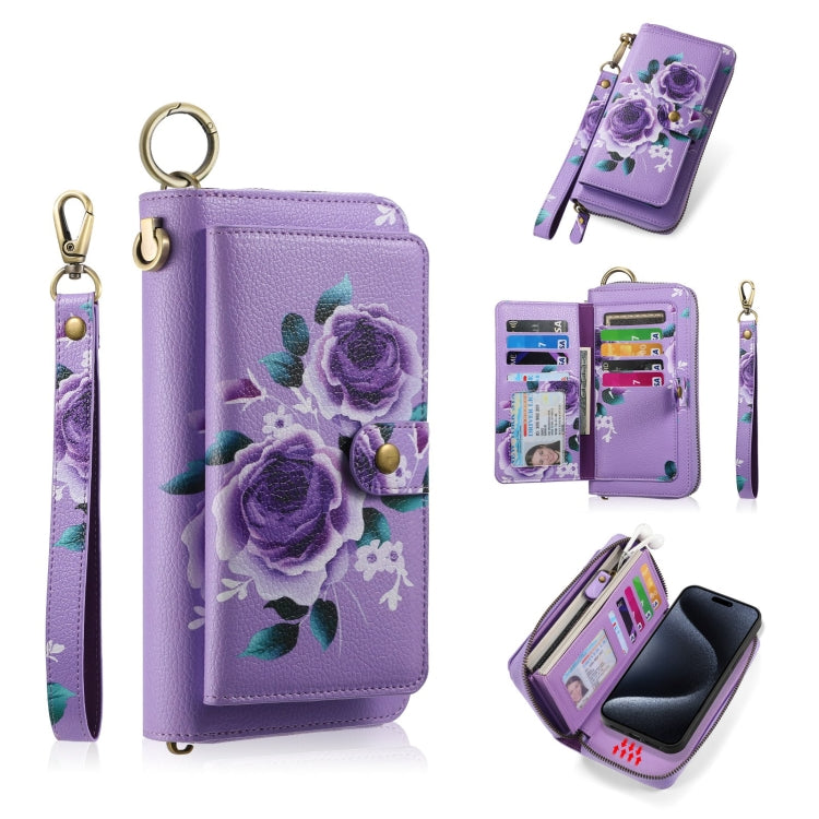 For iPhone 15 Pro Max POLA MagSafe Flower Multi-functional Zipper Wallet Leather Phone Case(Purple) - iPhone 15 Pro Max Cases by buy2fix | Online Shopping UK | buy2fix