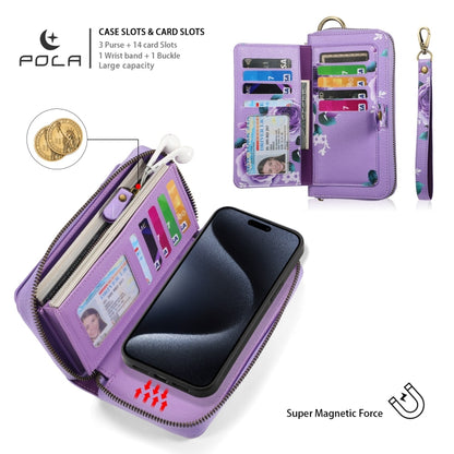 For iPhone 15 Pro Max POLA MagSafe Flower Multi-functional Zipper Wallet Leather Phone Case(Purple) - iPhone 15 Pro Max Cases by buy2fix | Online Shopping UK | buy2fix