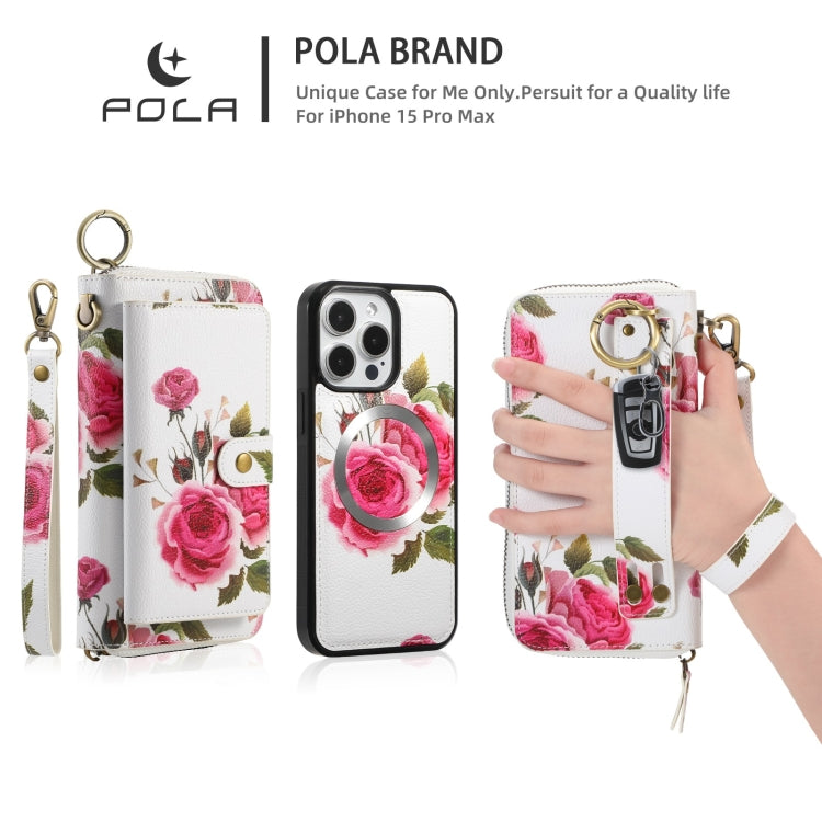 For iPhone 15 Pro Max POLA MagSafe Flower Multi-functional Zipper Wallet Leather Phone Case(Beige) - iPhone 15 Pro Max Cases by buy2fix | Online Shopping UK | buy2fix
