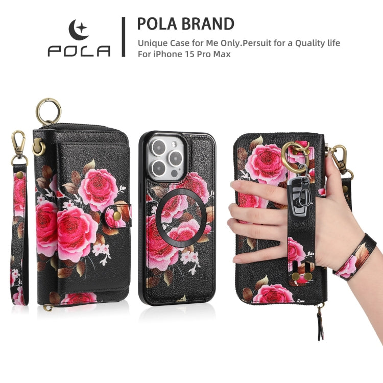 For iPhone 15 Pro POLA MagSafe Flower Multi-functional Zipper Wallet Leather Phone Case(Black) - iPhone 15 Pro Cases by buy2fix | Online Shopping UK | buy2fix
