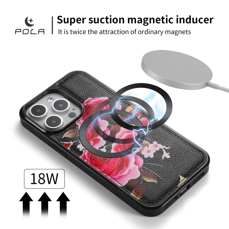 For iPhone 15 Pro POLA MagSafe Flower Multi-functional Zipper Wallet Leather Phone Case(Black) - iPhone 15 Pro Cases by buy2fix | Online Shopping UK | buy2fix