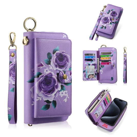 For iPhone 15 Pro POLA MagSafe Flower Multi-functional Zipper Wallet Leather Phone Case(Purple) - iPhone 15 Pro Cases by buy2fix | Online Shopping UK | buy2fix