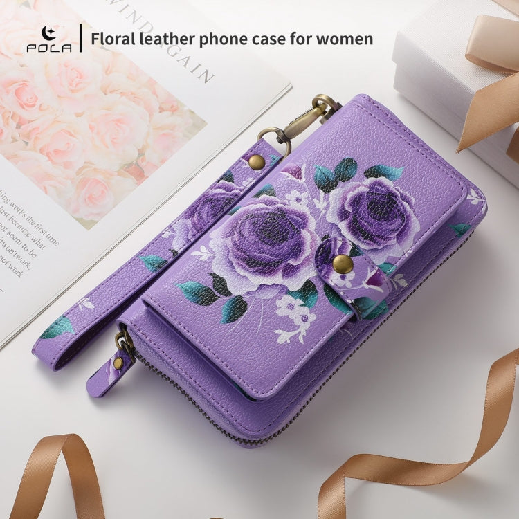 For iPhone 15 Pro POLA MagSafe Flower Multi-functional Zipper Wallet Leather Phone Case(Purple) - iPhone 15 Pro Cases by buy2fix | Online Shopping UK | buy2fix
