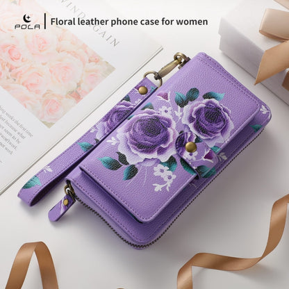 For iPhone 15 Pro POLA MagSafe Flower Multi-functional Zipper Wallet Leather Phone Case(Purple) - iPhone 15 Pro Cases by buy2fix | Online Shopping UK | buy2fix