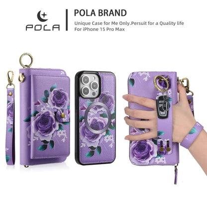 For iPhone 15 Pro POLA MagSafe Flower Multi-functional Zipper Wallet Leather Phone Case(Purple) - iPhone 15 Pro Cases by buy2fix | Online Shopping UK | buy2fix