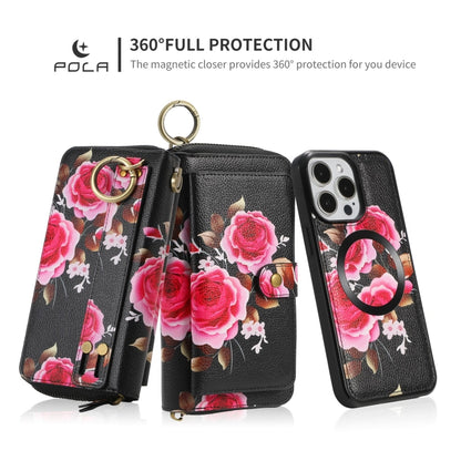 For iPhone 15 Plus POLA MagSafe Flower Multi-functional Zipper Wallet Leather Phone Case(Black) - iPhone 15 Plus Cases by buy2fix | Online Shopping UK | buy2fix