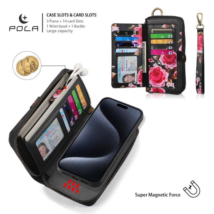 For iPhone 15 Plus POLA MagSafe Flower Multi-functional Zipper Wallet Leather Phone Case(Black) - iPhone 15 Plus Cases by buy2fix | Online Shopping UK | buy2fix