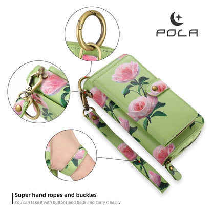 For iPhone 15 Plus POLA MagSafe Flower Multi-functional Zipper Wallet Leather Phone Case(Green) - iPhone 15 Plus Cases by buy2fix | Online Shopping UK | buy2fix