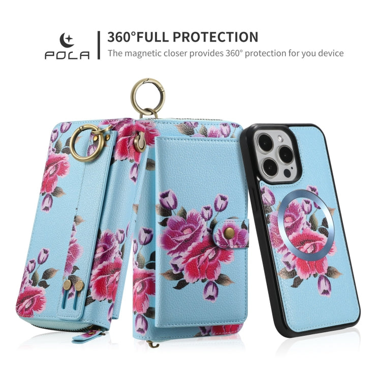 For iPhone 15 Plus POLA MagSafe Flower Multi-functional Zipper Wallet Leather Phone Case(Sky Blue) - iPhone 15 Plus Cases by buy2fix | Online Shopping UK | buy2fix