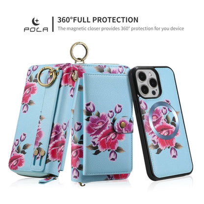 For iPhone 15 Plus POLA MagSafe Flower Multi-functional Zipper Wallet Leather Phone Case(Sky Blue) - iPhone 15 Plus Cases by buy2fix | Online Shopping UK | buy2fix