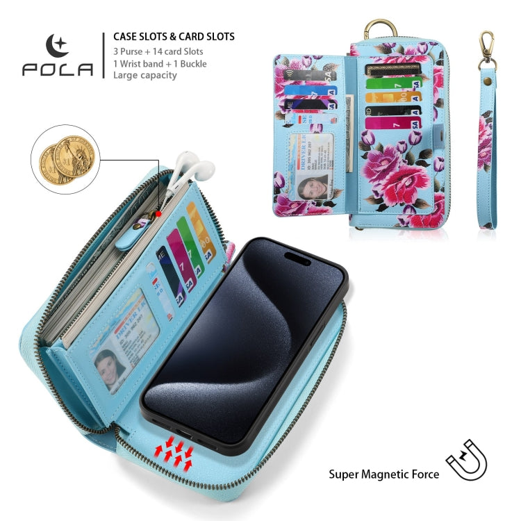For iPhone 15 Plus POLA MagSafe Flower Multi-functional Zipper Wallet Leather Phone Case(Sky Blue) - iPhone 15 Plus Cases by buy2fix | Online Shopping UK | buy2fix