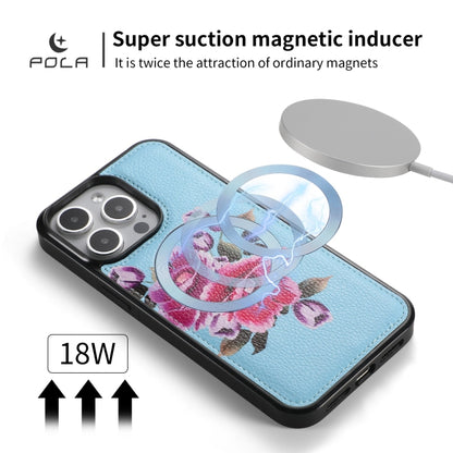 For iPhone 15 Plus POLA MagSafe Flower Multi-functional Zipper Wallet Leather Phone Case(Sky Blue) - iPhone 15 Plus Cases by buy2fix | Online Shopping UK | buy2fix