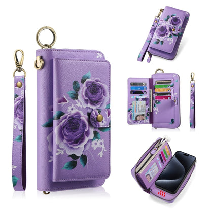 For iPhone 15 Plus POLA MagSafe Flower Multi-functional Zipper Wallet Leather Phone Case(Purple) - iPhone 15 Plus Cases by buy2fix | Online Shopping UK | buy2fix
