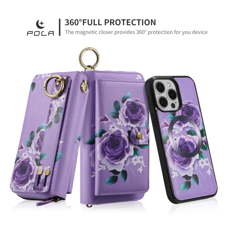 For iPhone 15 Plus POLA MagSafe Flower Multi-functional Zipper Wallet Leather Phone Case(Purple) - iPhone 15 Plus Cases by buy2fix | Online Shopping UK | buy2fix