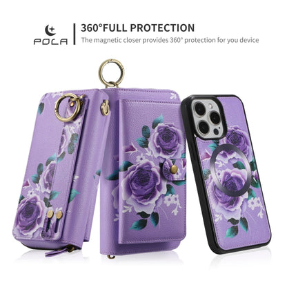 For iPhone 15 Plus POLA MagSafe Flower Multi-functional Zipper Wallet Leather Phone Case(Purple) - iPhone 15 Plus Cases by buy2fix | Online Shopping UK | buy2fix