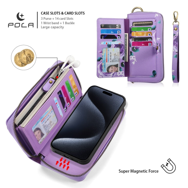 For iPhone 15 Plus POLA MagSafe Flower Multi-functional Zipper Wallet Leather Phone Case(Purple) - iPhone 15 Plus Cases by buy2fix | Online Shopping UK | buy2fix