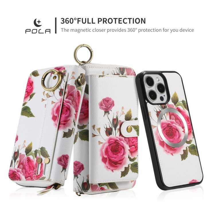 For iPhone 15 Plus POLA MagSafe Flower Multi-functional Zipper Wallet Leather Phone Case(Beige) - iPhone 15 Plus Cases by buy2fix | Online Shopping UK | buy2fix
