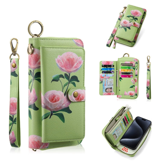 For iPhone 15 POLA MagSafe Flower Multi-functional Zipper Wallet Leather Phone Case(Green)