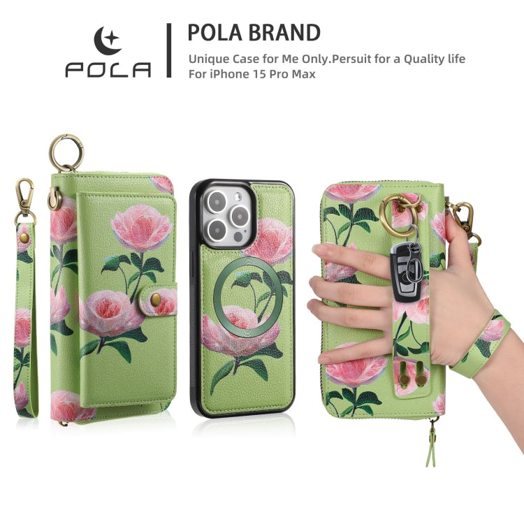 For iPhone 15 POLA MagSafe Flower Multi-functional Zipper Wallet Leather Phone Case(Green) - iPhone 15 Cases by buy2fix | Online Shopping UK | buy2fix