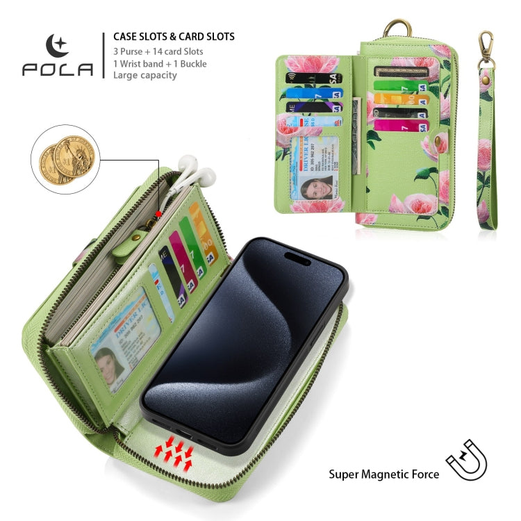For iPhone 15 POLA MagSafe Flower Multi-functional Zipper Wallet Leather Phone Case(Green) - iPhone 15 Cases by buy2fix | Online Shopping UK | buy2fix
