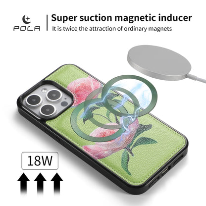For iPhone 15 POLA MagSafe Flower Multi-functional Zipper Wallet Leather Phone Case(Green) - iPhone 15 Cases by buy2fix | Online Shopping UK | buy2fix