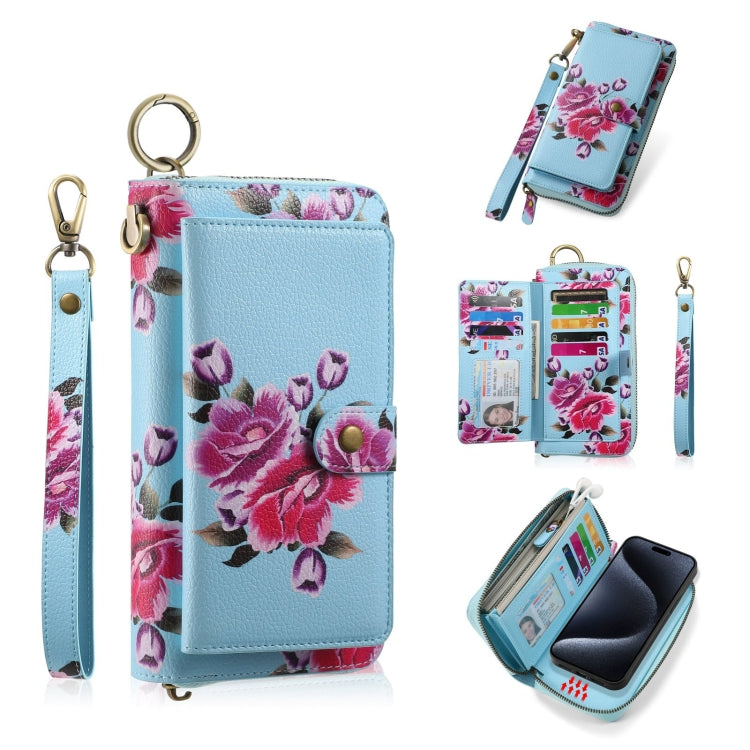 For iPhone 15 POLA MagSafe Flower Multi-functional Zipper Wallet Leather Phone Case(Sky Blue) - iPhone 15 Cases by buy2fix | Online Shopping UK | buy2fix