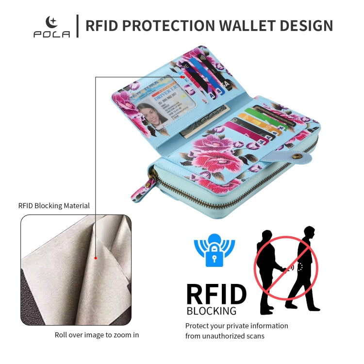 For iPhone 15 POLA MagSafe Flower Multi-functional Zipper Wallet Leather Phone Case(Sky Blue) - iPhone 15 Cases by buy2fix | Online Shopping UK | buy2fix