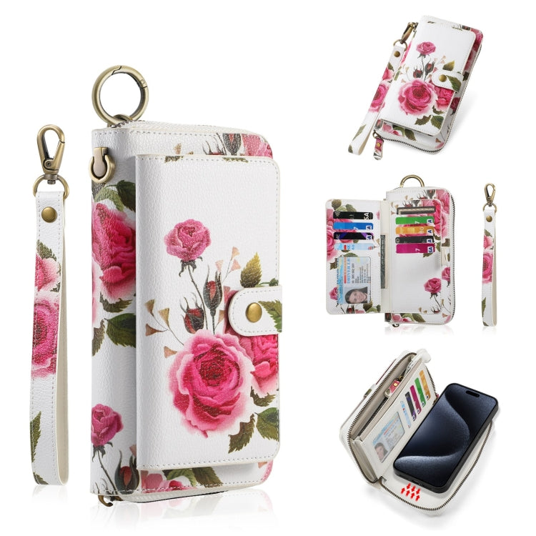 For iPhone 15 POLA MagSafe Flower Multi-functional Zipper Wallet Leather Phone Case(Beige) - iPhone 15 Cases by buy2fix | Online Shopping UK | buy2fix