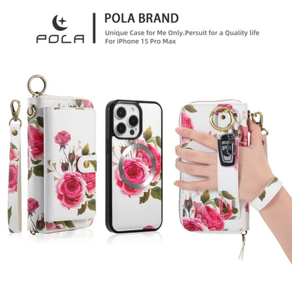 For iPhone 15 POLA MagSafe Flower Multi-functional Zipper Wallet Leather Phone Case(Beige) - iPhone 15 Cases by buy2fix | Online Shopping UK | buy2fix