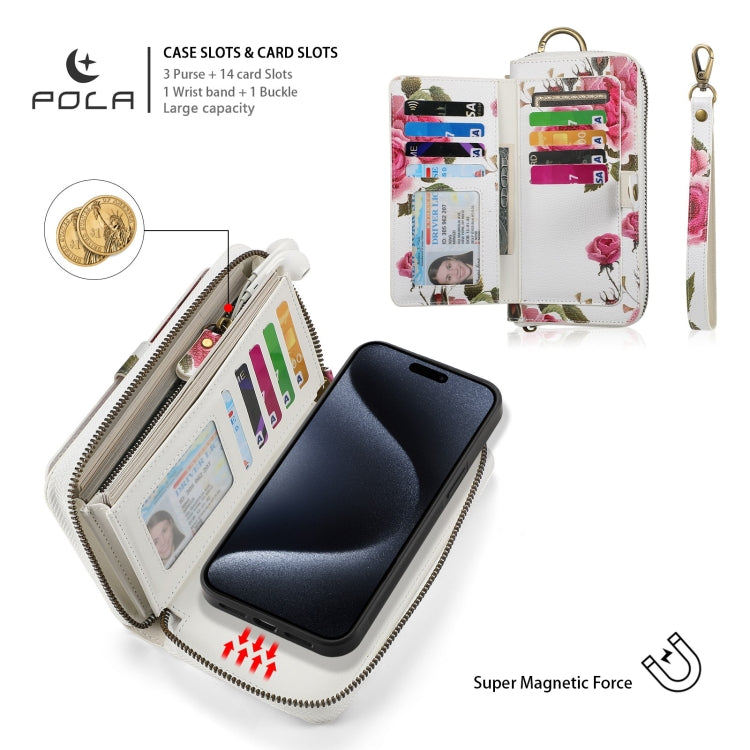 For iPhone 15 POLA MagSafe Flower Multi-functional Zipper Wallet Leather Phone Case(Beige) - iPhone 15 Cases by buy2fix | Online Shopping UK | buy2fix