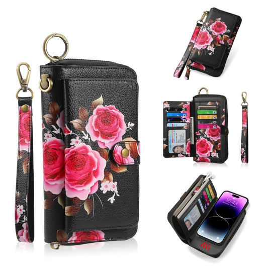 For iPhone 14 Plus POLA MagSafe Flower Multi-functional Zipper Wallet Leather Phone Case(Black) - iPhone 14 Plus Cases by buy2fix | Online Shopping UK | buy2fix