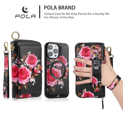 For iPhone 14 Plus POLA MagSafe Flower Multi-functional Zipper Wallet Leather Phone Case(Black) - iPhone 14 Plus Cases by buy2fix | Online Shopping UK | buy2fix