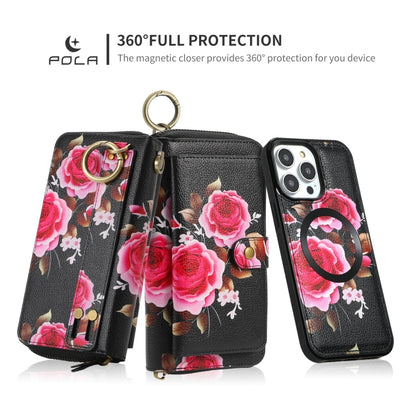 For iPhone 14 Plus POLA MagSafe Flower Multi-functional Zipper Wallet Leather Phone Case(Black) - iPhone 14 Plus Cases by buy2fix | Online Shopping UK | buy2fix