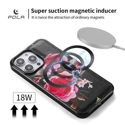 For iPhone 14 Plus POLA MagSafe Flower Multi-functional Zipper Wallet Leather Phone Case(Black) - iPhone 14 Plus Cases by buy2fix | Online Shopping UK | buy2fix
