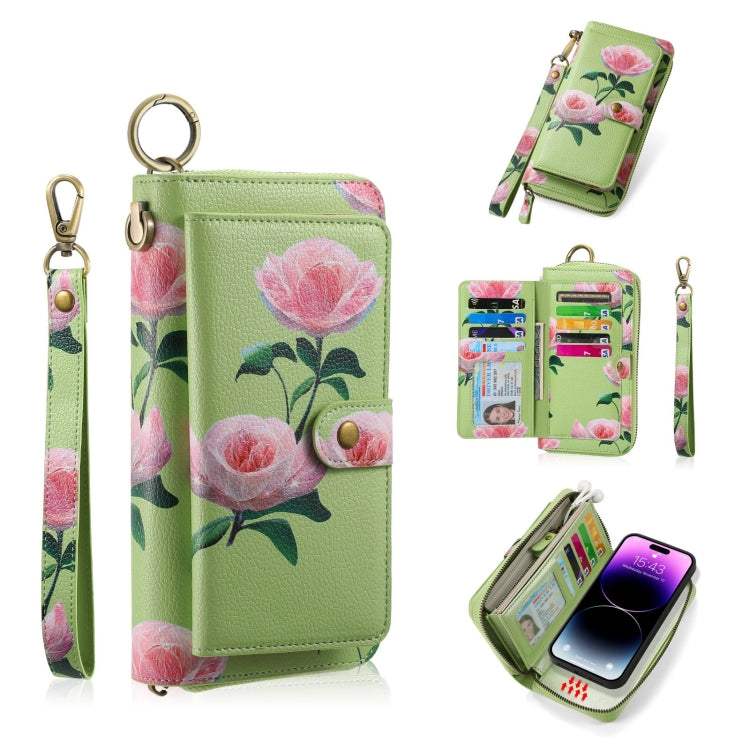 For iPhone 14 Plus POLA MagSafe Flower Multi-functional Zipper Wallet Leather Phone Case(Green) - iPhone 14 Plus Cases by buy2fix | Online Shopping UK | buy2fix