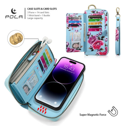 For iPhone 14 Plus POLA MagSafe Flower Multi-functional Zipper Wallet Leather Phone Case(Sky Blue) - iPhone 14 Plus Cases by buy2fix | Online Shopping UK | buy2fix