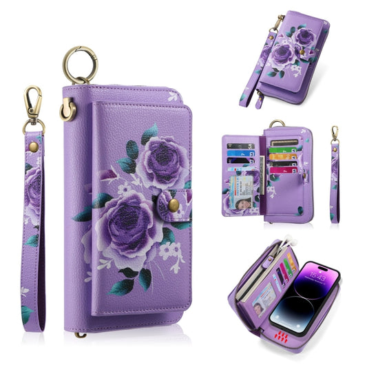 For iPhone 14 Plus POLA MagSafe Flower Multi-functional Zipper Wallet Leather Phone Case(Purple) - iPhone 14 Plus Cases by buy2fix | Online Shopping UK | buy2fix